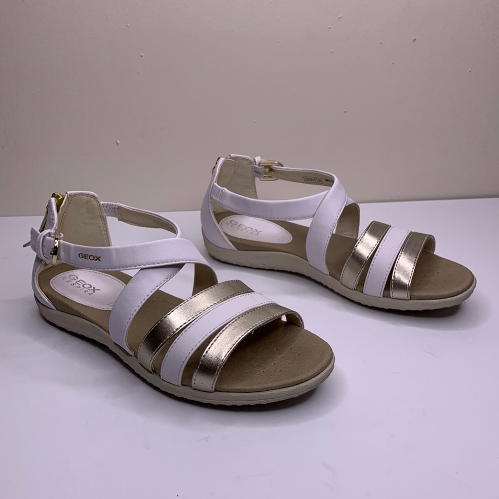 GEOX RESPIRA Sandals White & Gold D Sand. Vega C D82R6C Rubber Soles Sz 6